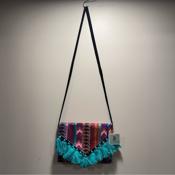 Ethnic Boho Large Clutch Suede Wristlet Bag Handmade Embroidery Tassels Indi NEW - Picture 9 of 16